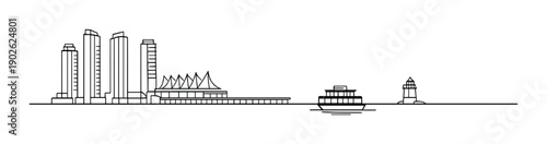 Minimalist skyline and ferry silhouette against gradient background
