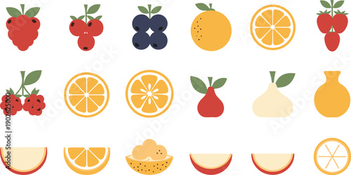 Flat Fruit and Citrus Slice Icon Set with Apples, Berries, Oranges, Pears, and Tropical Fruits for Food, Menu, and Nutrition Designs
