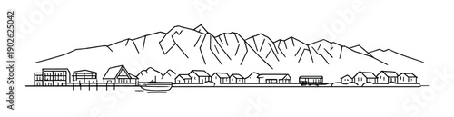 Minimalist mountain landscape with houses and calm water reflection