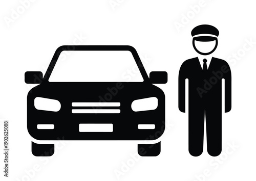 A vector illustration shows a car with a chauffeur standing nearby