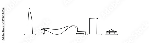Minimalist architectural skyline: monuments, wave building, skyscraper, pagoda