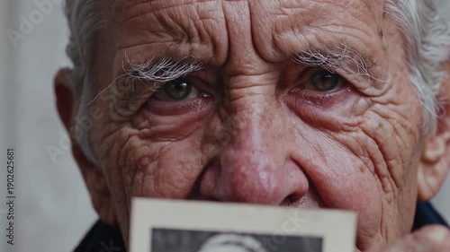 A man is holding a picture of a man's face. The man has a serious look on his face