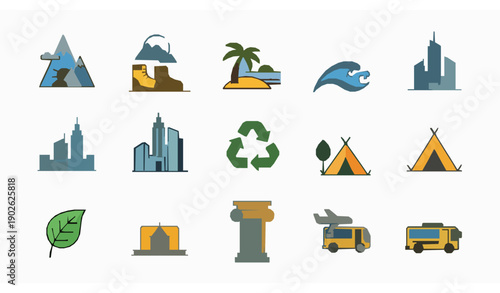 Modern travel and tourism vector icon collection for vacation and adventure concepts
