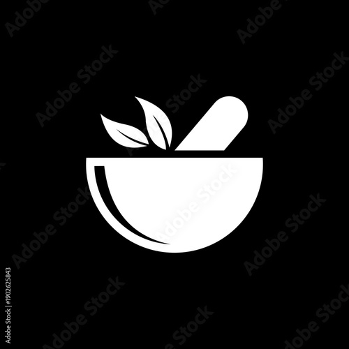 White Mortar and Pestle with Leaves.