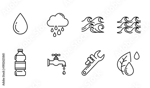 Water line icons set with droplet rain and wave outline symbols