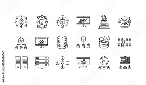Minimal data analysis line icons for analytics computing and network systems