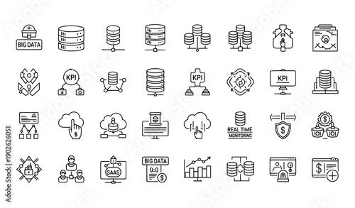 Business data analytics outline icons with server and network monitoring