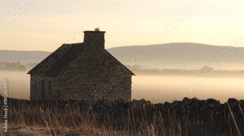 grampian. An ancient stone cottage sits in a misty valley during the golden h...