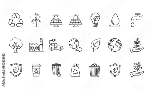 Ecology line icons set with recycling and environmental resource symbols
