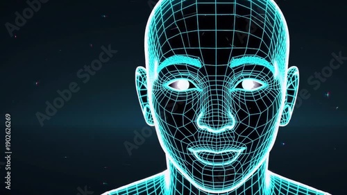 A man's face is shown in a computer generated image. The face is blue and has a mesh texture. The image is of a computer generated face, which could be used for various purposes such as video games