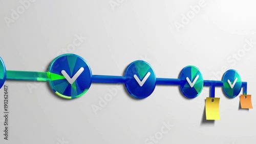 A blue and green line with a series of check marks on it. The check marks are in different colors and are placed at different points along the line