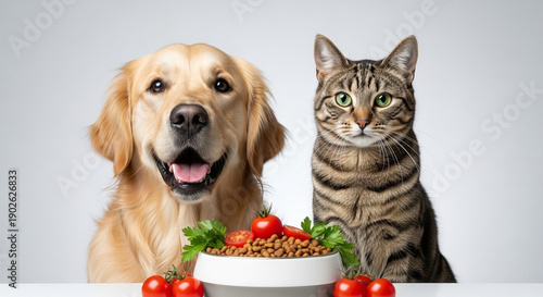 Healthy brown cat and dog with food in studio lighting. Dog and cat food product shot, poster, background.