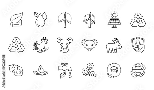 Sustainability ecology line icons for environmental resource and recycling