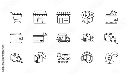 Ecommerce line icons collection with shopping trolley outline symbols