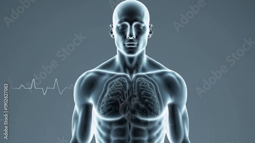 A man's heart is shown in a graphic, with a red line indicating a heartbeat. Concept of life and vitality, as the heart is the center of the body's circulatory system