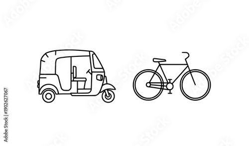 Auto rickshaw and bicycle transport thin line icon vector illustration