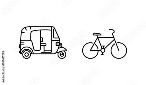 Auto rickshaw and bicycle outline transport icons black line style