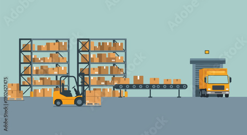 Warehouse Logistics with Forklift and Delivery Truck.