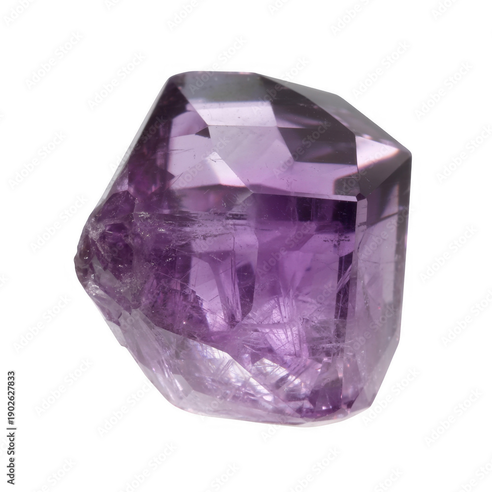 Fototapeta premium Large purple amethyst gemstone on black crystal isolated on a transparent background