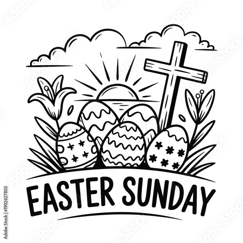 Easter Sunday celebration with decorated eggs and cross  religious holiday graphic