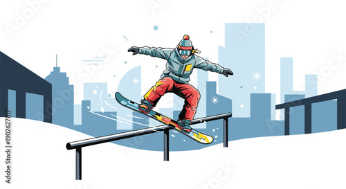 Snowboarder performing rail slide trick in urban city winter park.