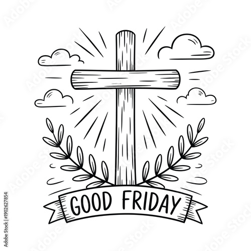 Good Friday religious symbol with cross clouds and leaves illustration