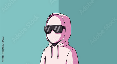 pink hooded figure with sunglasses anonymous person pastel colors.