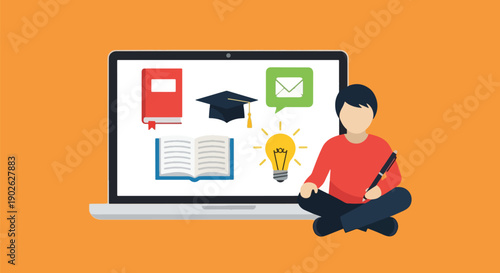 Online Education Concept with Student and Laptop.