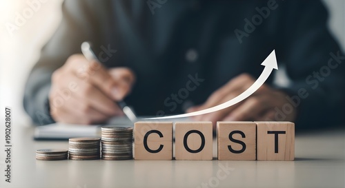 Increasing business costs concept with wooden blocks and coins