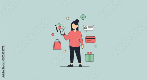 Woman shopping online with smartphone credit card gift.