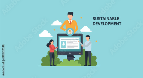 Sustainable Development Concept with People and Computer.