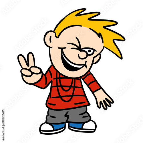 Energetic cartoon boy flashing a peace sign with a playful wink, full of mischievous charm and youthful exuberance, perfect for adding a fun, lighthearted touch