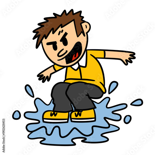 Excited young boy gleefully splashing through puddles with energetic joy on a fun day outdoors