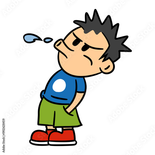 Frustrated cartoon boy with spiky hair and blue shirt showing exasperation with hands in pockets and a sigh of air bubbles