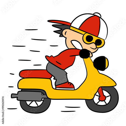 Energetic young delivery rider zooms on a vibrant yellow scooter, conveying speed and youthful enthusiasm for fast urban transport and quick services.