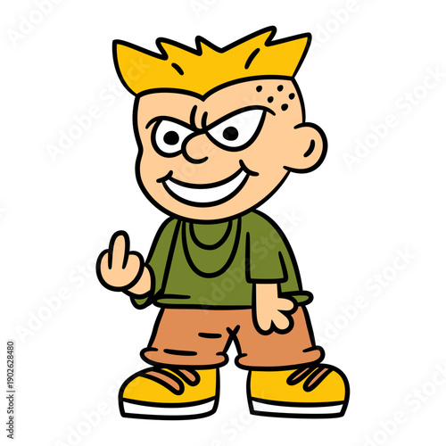Mischievous cartoon boy with a wicked grin and spiky hair gives the middle finger, embodying defiance and playful rebellion