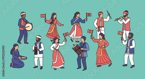 Traditional Folk Dancers and Musicians Celebrating.