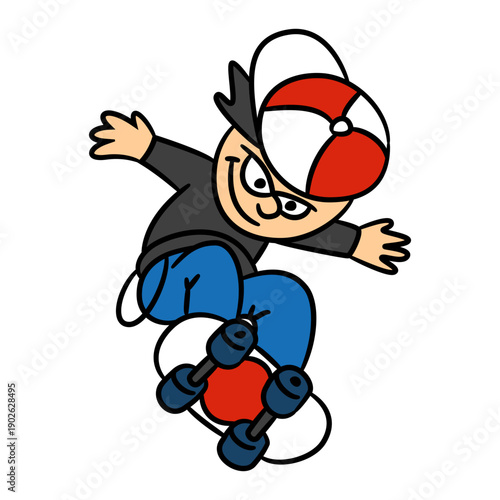 Dynamic cartoon skater with mischievous grin performs exciting trick mid-air, showcasing extreme sports passion and youthful energy for vibrant design projects