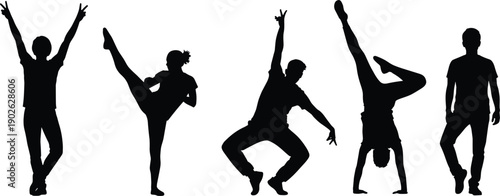 Set of energetic people silhouettes in various dancing and athletic poses including breakdancing hip hop street dance and yoga for modern lifestyle and sport design (25 words)