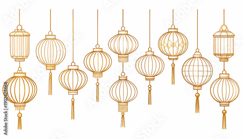 Elegant golden outline illustrations of various traditional East Asian lanterns, showcasing cultural heritage and festive decorations for celebrations and design projects