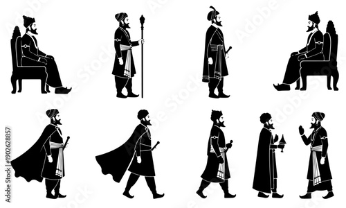 Collection of Historical Mughal Era Men in Traditional Attire Vector Silhouettes