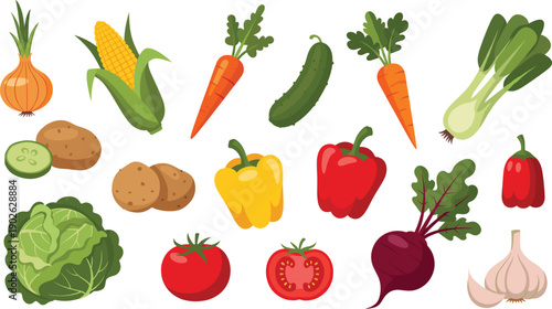 Flat Vegetable Illustration Set with Carrot, Corn, Cucumber, Peppers, Tomato, Beetroot, Cabbage, Garlic, Onion, and Fresh Produce for Food Design