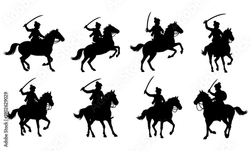 Set of Eight Isolated Medieval Warrior Horsemen Silhouettes with Swords Vector Illustration