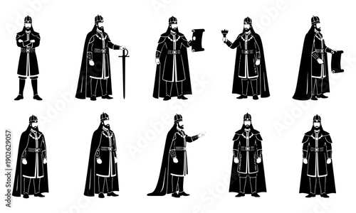 Set of Stylized Monochromatic Medieval King and Ruler Figures Vector Illustration