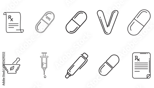 Medical icons set pills, syringe, mortar and pestle, prescription documents