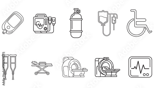 Medical Equipment and Health Care Icons A Collection of Diagnostic and Mobility Aids