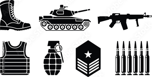 Assortment of black military icons featuring a boot, tank, rifle, vest, grenade, insignia, and bullets