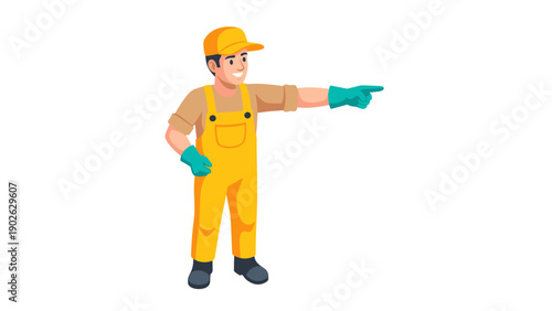 Cartoon worker in yellow overalls and cap pointing sideways