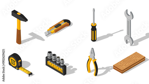 Isometric toolbox essentials: hammer, screwdriver, pliers, wrench, tape measure, and utility knife
