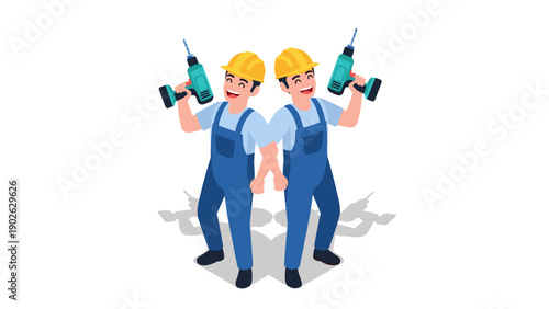 Smiling construction workers holding drills in overalls and hard hats